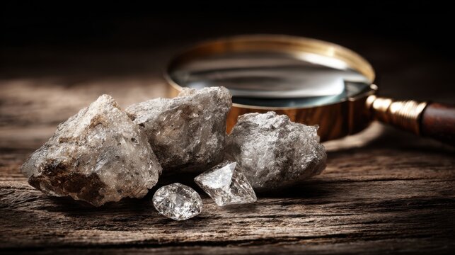 Pile of rough, uncut diamonds with a magnifying glass on a wooden surface, showcasing their raw beauty and potential.