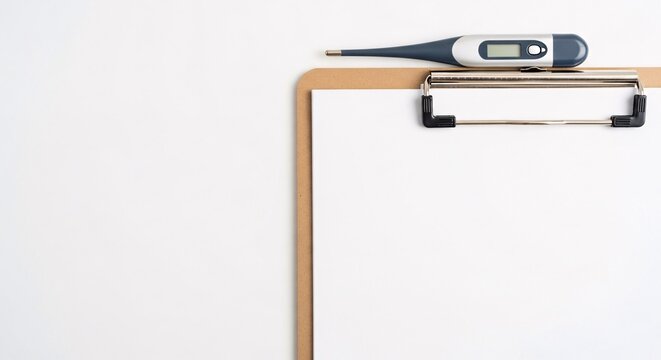 Digital thermometer resting on top of a blank white paper sheet on a clipboard, medical or health check-up concept, clean white background