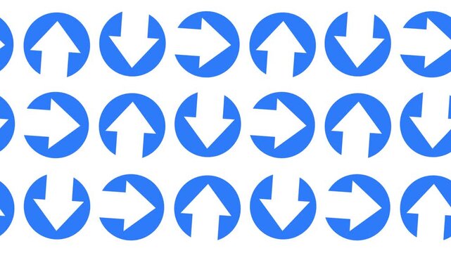 Seamless pattern with blue circular arrow icons on a white background animation. Repeating directional arrow wallpaper for navigation and data flow concepts. Horizontal abstract pointer banner.