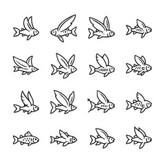 Fototapeta premium Flying Fish Icons Set Silhouette of Aquatic Creatures with Wings Vector Illustration