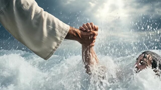 Hand of Christ reaching man drowning in stormy sea, symbolizing divine salvation and Christian faith