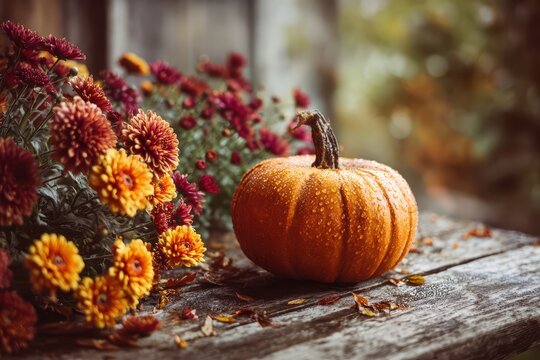 Harvest display featuring orange pumpkin and yellow mums in seasonal autumn setting