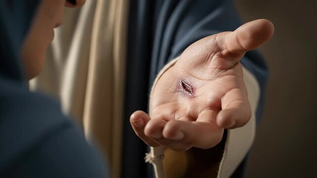 A person showing a hand with a wound in the palm. Jesus Christ suffering and resurrection concept. Faith and healing.