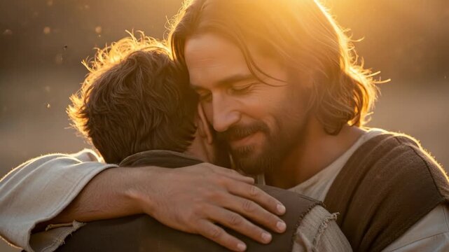 A loving man embracing another man under golden sunlight, expressing kindness, compassion, and spiritual comfort in a tender hug