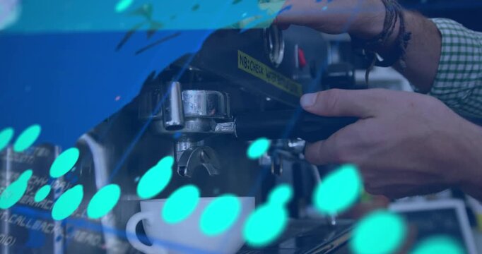 Animation of data processing over world map against mid section of barista using coffee machine