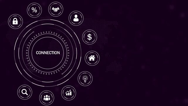 Digital circular interface with the word CONECTION at its core, surrounded by white business on a dark purple background with a map texture