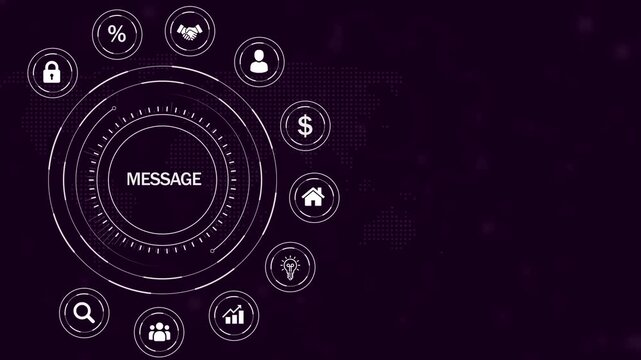 Futuristic digital interface displaying the word MESAGE surrounded by circular representing business and communication concepts on a dark purple