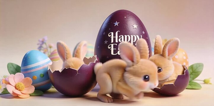 Fluffy bunnies popping in and out of colorful Easter egg shells, playfully hiding, peeking, and hopping between eggs in a bright pastel studio setup inspired by this image