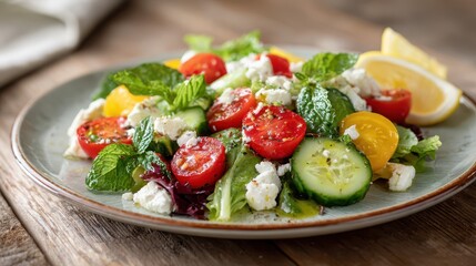 Healthy vegetarian salad on a wooden surface with citrus accents and fresh herbs