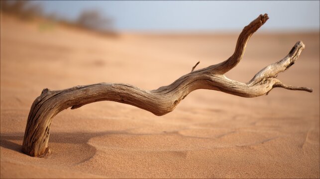 Smooth Sea-Worn Driftwood Branch Lying on Dry Sandy Surface