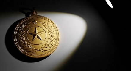 Golden medal with star and laurel wreath design, spotlight illuminates award against dark background, symbol of achievement and honor