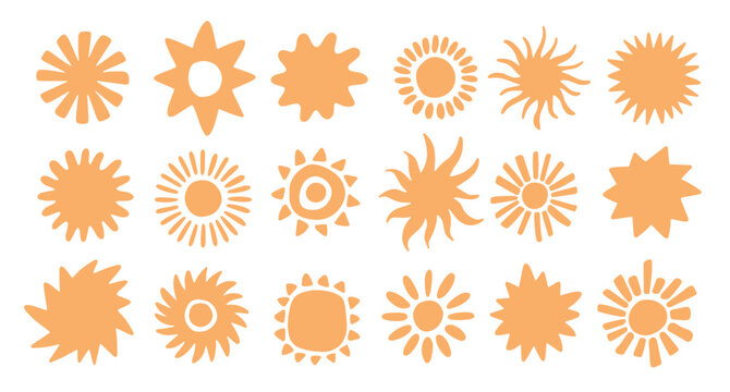 Abstract organic doodle sun shapes and stars in flat boho style. Modern retro drawing playful basic shape.