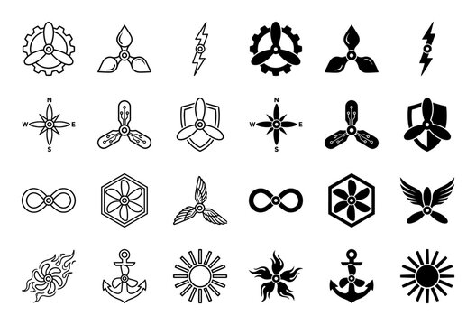 Collection of hybrid nautical and mechanical symbols featuring propeller blades merged with gear anchor wing shield and sun elements in outline and solid style