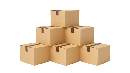 Stack of brown cardboard boxes on white background, packaging and shipping concept
