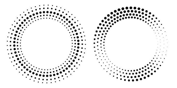 Modern halftone circular frame with dynamic radial dot waves, smooth gradient transitions, abstract geometric vector element isolated on light background.