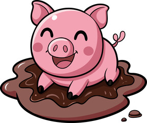 cute vector pig in mud puddle illustration, happy pink pig rolling in brown mud splash, floppy ears, curly tail sticking out, big smile with mud spots on face, flat kawaii style, black thin outline, w