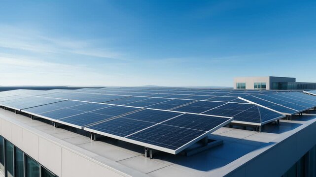 Vast Solar Panel Array on Modern Building Rooftop Under Clear Blue Sky