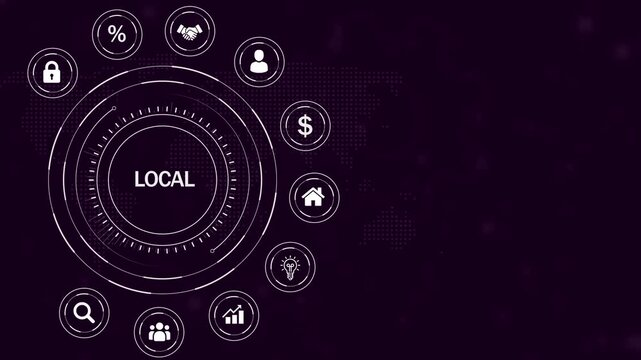 Futuristic digital interface displaying the word LOCAL surrounded by white representing business concepts on a dark purple background with a map overlay