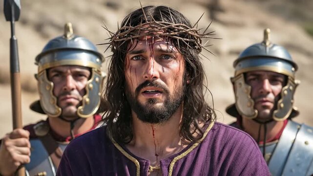 Man with crown of thorns and bloody face, flanked by roman soldiers with spears, a biblical scene depicting Jesuss suffering.