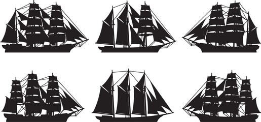 Six black silhouette sailing ships with full sails on a white background also transparent background © BeCoolOk