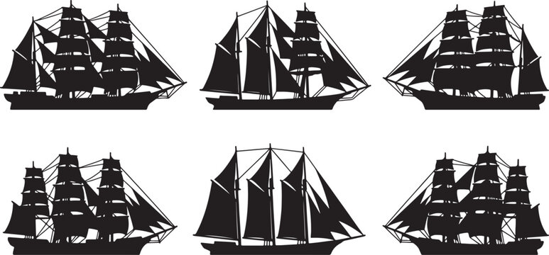Six black silhouette sailing ships with full sails on a white background also transparent background