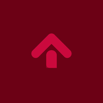 A minimalist logo featuring a vibrant pink upward arrow against a deep red-burgundy background
