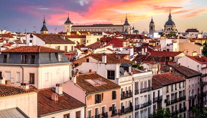 Obraz premium Madrids Skyline at Sunset - A Captivating Urban Panorama.