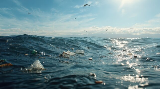 Polluted sea surface with plastic waste: bags, debris and calm waves
