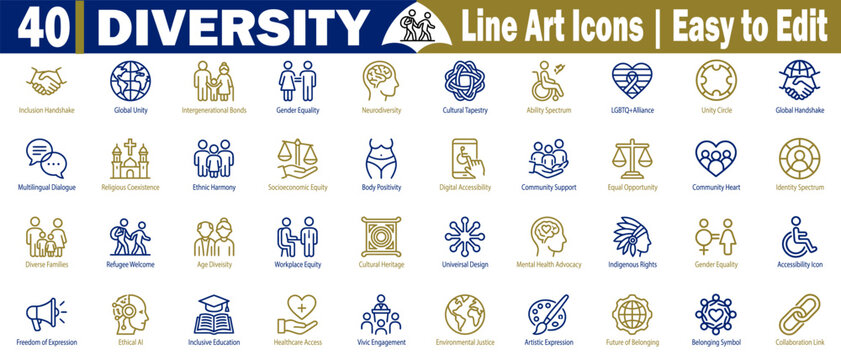 Diversity line art icons set. Illustrating concepts of inclusion, equality, and global unity in various social and cultural contexts, vector illustration.