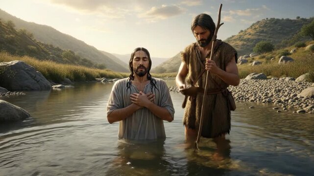 Man baptizing another man in river with water from a bowl, Jesus Christ baptism concept.