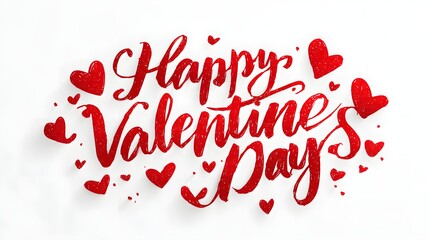 Happy Valentines Day Calligraphy with red hearts on white background