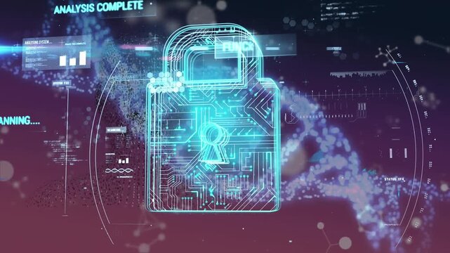 Animation of dna, data, molecules and dna over digital padlock in purple space