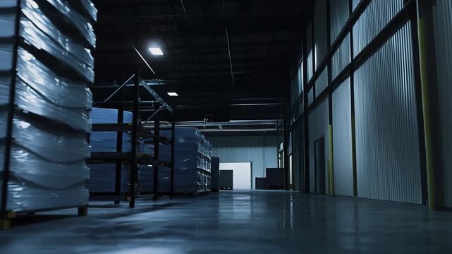 Interior of a large empty industrial warehouse building featuring tall metal storage racks, concrete flooring, and an open doorway leading to another section