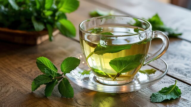Freshly brewed mint tea in a transparent glass cup with vibrant green leaves