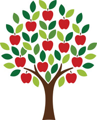 Flat apple tree vector illustration with red apples and green leaves isolated on white background, organic farming concept, healthy food symbol, decorative nature design