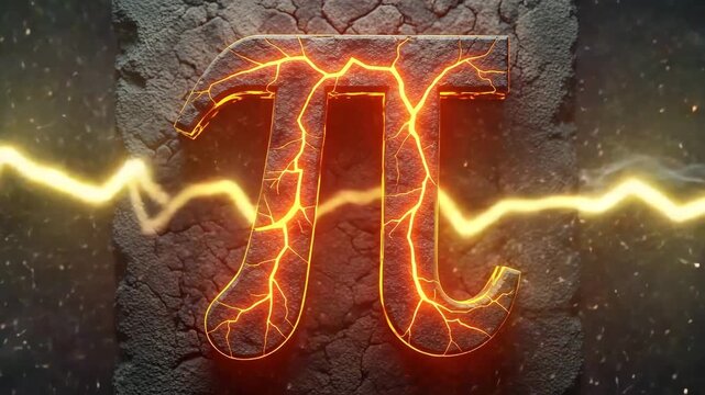 Glowing pi symbol with electric lightning on cracked stone background