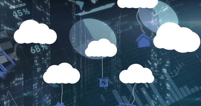Animation of clouds with icons over data processing on black background