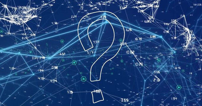Animation of question mark over network of connections with data processing on blue background