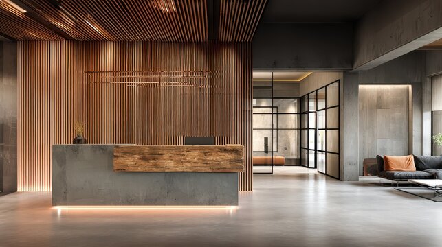 Minimalist office reception in a loft-inspired interior with concrete floor
