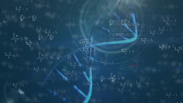 Animation of mathematical equations, dna strand and data processing over black background