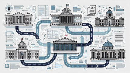 Obraz premium Civic Pathways: An illustrative depiction showcases the interconnectedness of architectural landmarks. Symbols of governance are interwoven with intricate pathways.