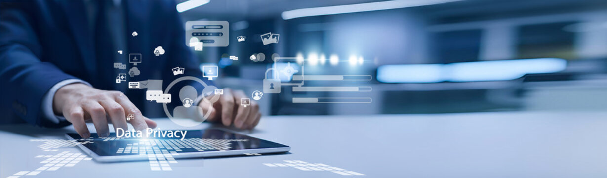 Compliance officer holding secure file. Data Privacy ensures personal and business information is collected, stored, and processed securely and ethically.