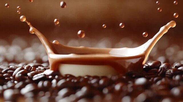 Chocolate Splash: A captivating view of a liquid chocolate crown creating splash on a pile of coffee beans, a delicious spectacle of flavor, texture, and visual appeal.