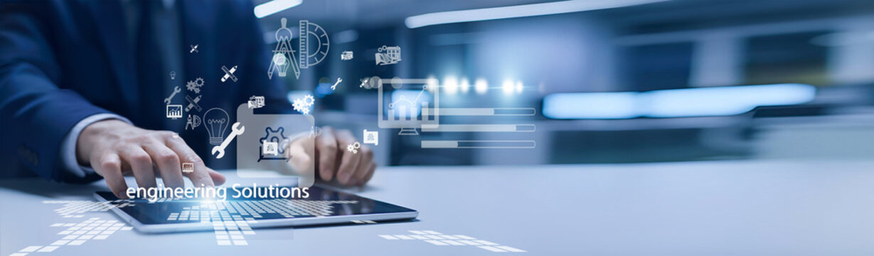 Engineer holding technical blueprint. Engineering solutions provide innovative designs and systems to solve industrial and infrastructure challenges.