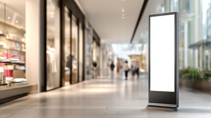 Minimalist vertical advertising screen in a clean showroom, blank display