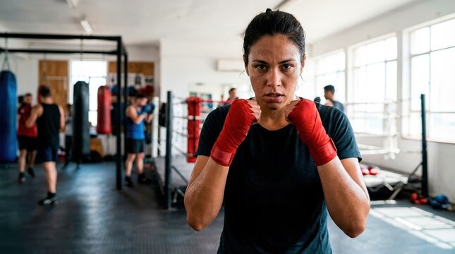 Portrait of a sweaty female boxer with red hand wraps in a gym. Serious woman fighter training concept