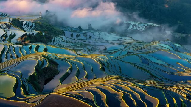 Ultra HD Aerial View of Misty Yuanyang Rice Paddy Fields and Rolling Clouds Video
