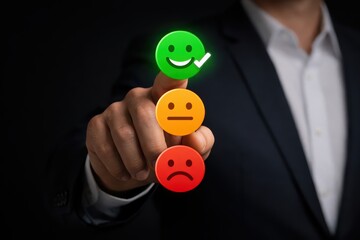 Customer Satisfaction: A businessman's gesture toward the smiley face, indicating top-notch customer experience and client happiness. The image captures the essence of positive feedback.