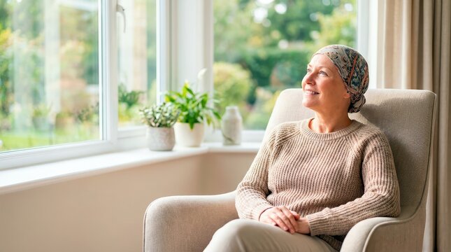 Smiling woman with headscarf looking out a window at home. Hopeful cancer survivor sitting in an armchair. Health recovery and resilience concept