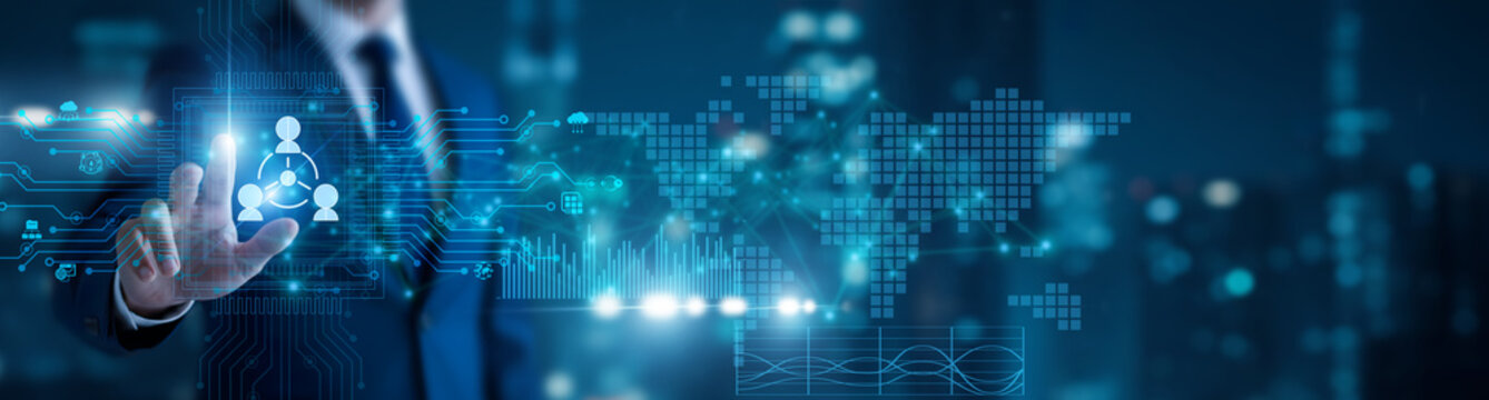 IT administrator holding network dashboard. Network administration manages servers, devices, and connectivity to ensure stable system performance.